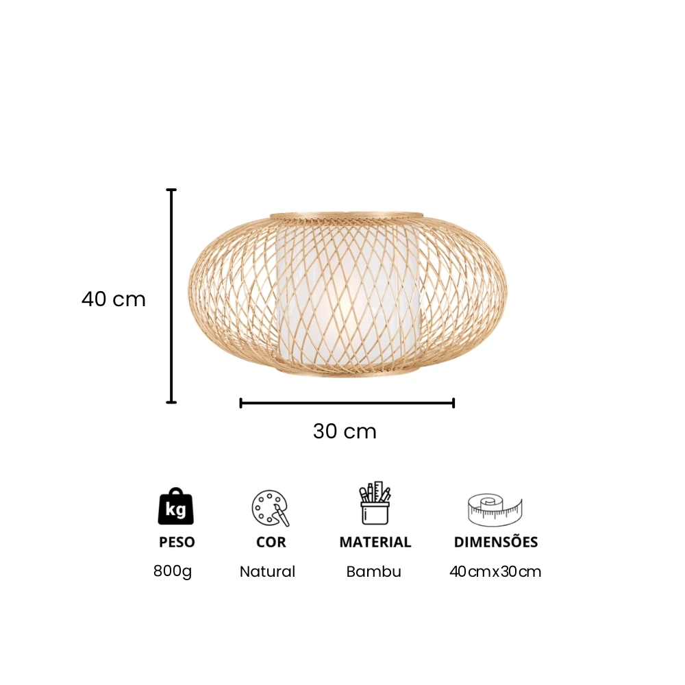 Infográfico com dimensões de 40 cm por 30 cm, peso de 800 g, cor natural e material bambu